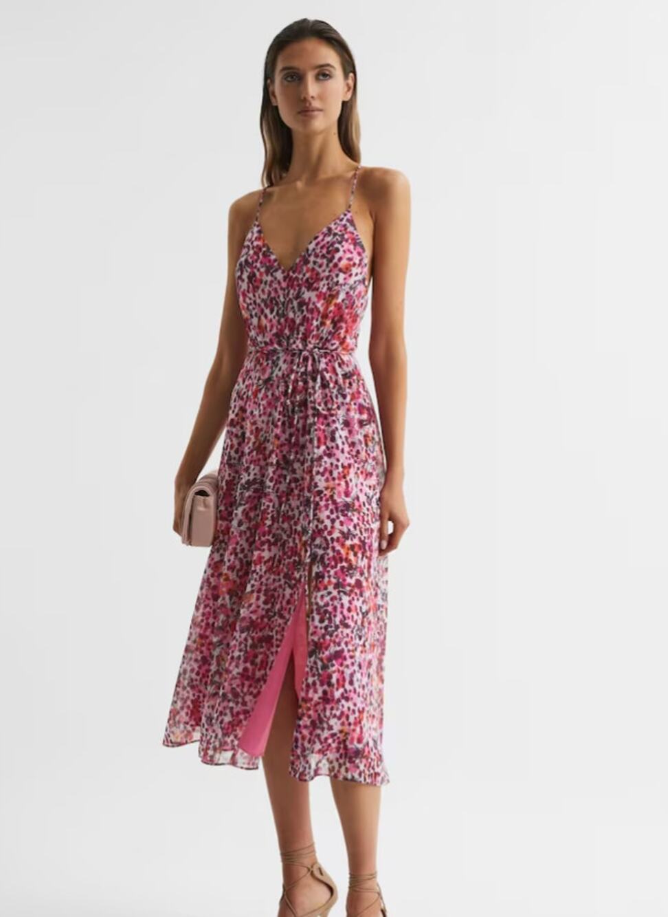 REISS Women's Pippa Floral Printed Midi Dress Size 12 Pink Sleeveless NWT